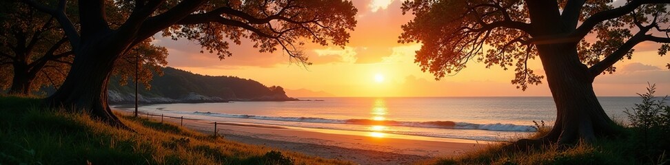 Seaside trees at dusk with a warm golden light, uk, foliage