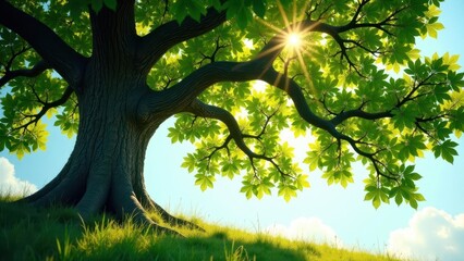 Obraz premium Majestic Tree Basking in the Warmth of Sunlight on a Gentle Slope, casting a refreshing shadow