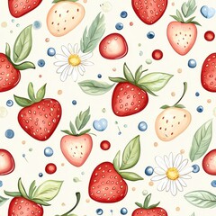 seamless, pattern, Whimsical Strawberry Garden Pattern with Delicate Flowers and Playful Berries in a Light Tone