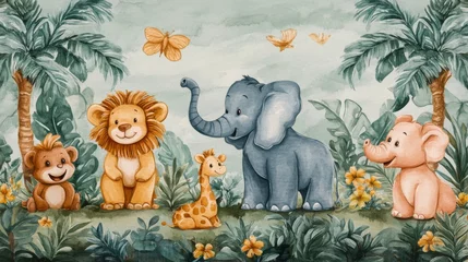 Watercolor drawing shows various animal characters in tropical jungle scenery with trees and butterflies. 