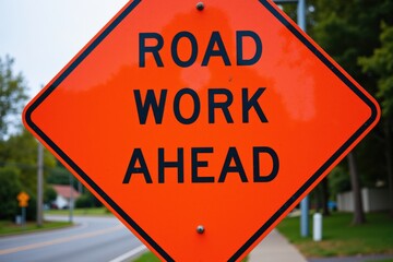 A bright orange roadside construction sign indicating upcoming road work ahead, warning drivers of potential delays and safety measures in the area.