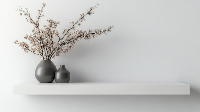 A sleek, minimalist floating shelf, crafted from pristine white wood and suspended from the ceiling, rests against a pristine white background, creating a sense of airiness and tranquility.