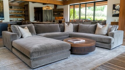 Obraz premium A large sectional sofa in a contemporary living room setting.
