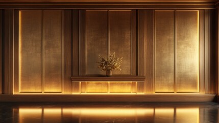 A rich, natural wood-paneled wall with elegant golden inlays following the natural grain of the wood.