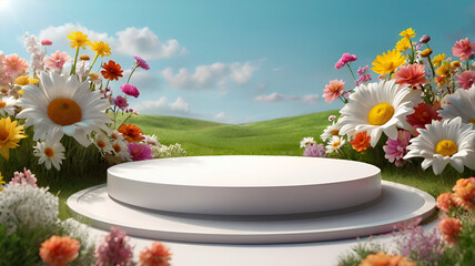 3d render White podium product stand with natural colorful flowers and grass field on spring scene background for advertising banner, cosmetic, perfumed, fragrance, spring season