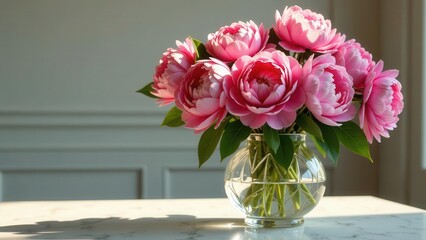 A bouquet of delicate pink blossoms arranged in a clear glass vase, bathed in sunlight on a pristine surface