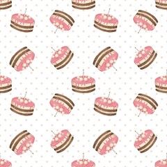 Seamless birthday pattern with  pink cake and candle on a white  background. Ideal for first  birthday, party, children party,  gifts, home decor, holiday, fabric, textile, packaging, gift paper