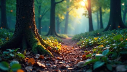 Shimmering forest floor with sparkly leaves and glowing tree bark, magical earth, forest floor, shimmering woods
