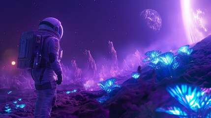 A futuristic astronaut ventures across an alien planet, captivated by glowing bioluminescent plants. The surreal landscape, bathed in neon purple and blue hues, evokes a sense of cosmic wonder and dis
