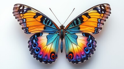 Obraz premium A vibrant butterfly, its wings a kaleidoscope of color, takes center stage against a transparent backdrop, showcasing its intricate beauty in exquisite isolation.
