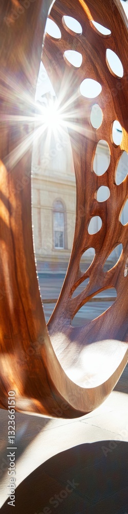 Poster architectural luminary perforated bronze sculpture illuminating urban minimalism with organic fluidi