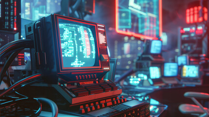 Obraz premium A fusion of retro and futuristic technology, where old-school computers coexist with cutting-edge holographic interfaces in a neon-drenched cyberpunk world. A striking contrast between past innovation