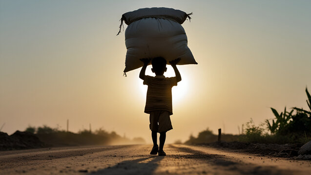 World Day Against Child Labour concept banner image, Little boy labour working/ child abuse, violence, fear of child labour and human trafficking.
