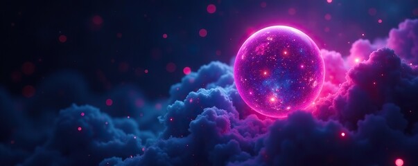 Naklejka premium Shimmering neon molecule in a dark cosmic environment, shimmering sphere, dark space background