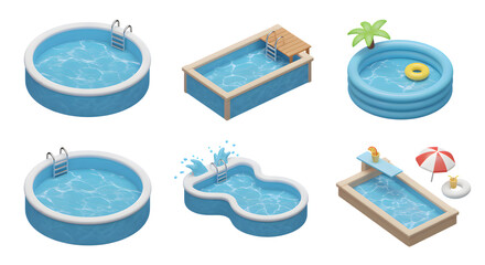 Various Swimming Pools Illustrations with Accessories for Summer Fun and Relaxation
