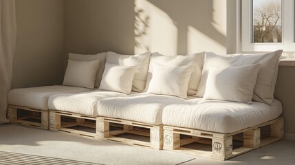 A modern pallet sofa with thick cushions in a neutral-toned room.