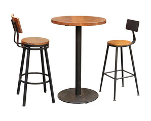 Wooden Bar stools with high table. Round wooden table and two chairs bar isolated. Bar Table and...