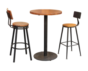 Wooden Bar stools with high table. Round wooden table and two chairs bar isolated. Bar Table and Round Bar Table. Pub Dining Table