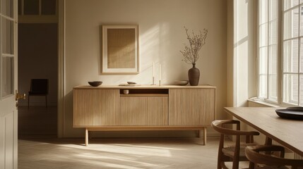 A multi-functional sideboard with storage in a dining room.