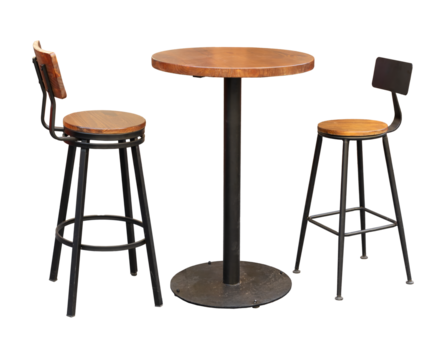 Wooden Bar stools with high table. Round wooden table and two chairs bar isolated. Bar Table and Round Bar Table. Pub Dining Table
