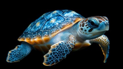 Fototapeta premium A tiny, speckled turtle, its shell adorned with intricate patterns, floats gracefully against a transparent backdrop, a symbol of tranquility and innocence, ready to embark on its own aquatic