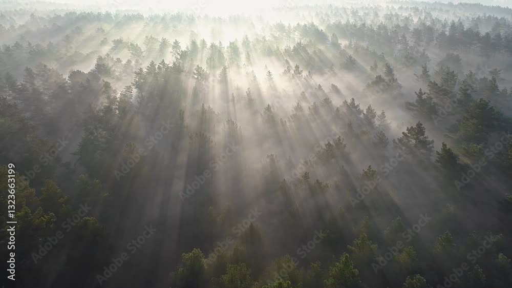 Poster marvelous view of flying over pine forest in the morning. sunrise in the misty forest. there is magi