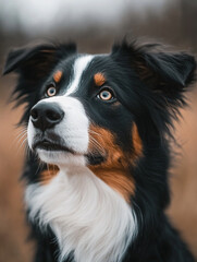Fototapeta premium Beautiful black and tan dog gazing thoughtfully outdoors
