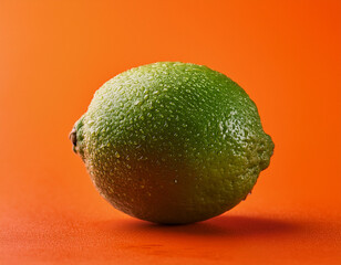 A single green lime with zesty drops of condensation placed against a vivid orange background for contrast