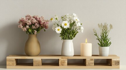 A pallet-made display stand for decorative vases and candles.