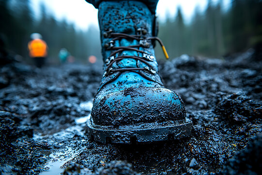 Closeup of a mudcaked blue boot traversing a rugged, dark terrain.  A powerful image conveying themes of perseverance, resilience, and overcoming challenges.