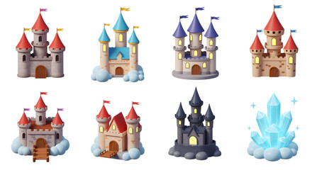 Naklejka premium Cartoon Castles Collection with Crystals on Transparent Background for Fantasy Story