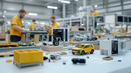 Fototapeta premium Miniature car assembly line in factory with workers, showcasing manufacturing and technology processes.