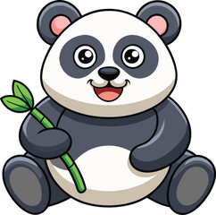 Naklejka premium A cute, chubby panda sitting with a big smile, holding bamboo.
