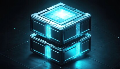 Futuristic energy cube stacks on dark floor