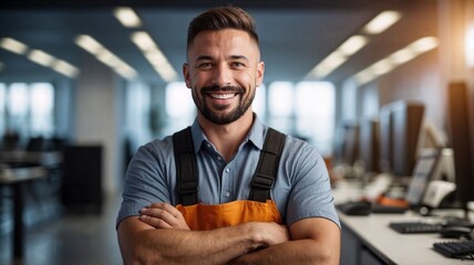 Male electrical engineer in reflective vest smiles in server room with electrical panels.
