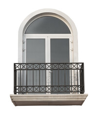 A window with a metal railing and a glass pane. The glass pane is clear and rectangular. The window is on the side of a building