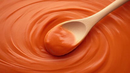 A wooden spoon stirring a rich, homemade tomato sauce, warm and comforting