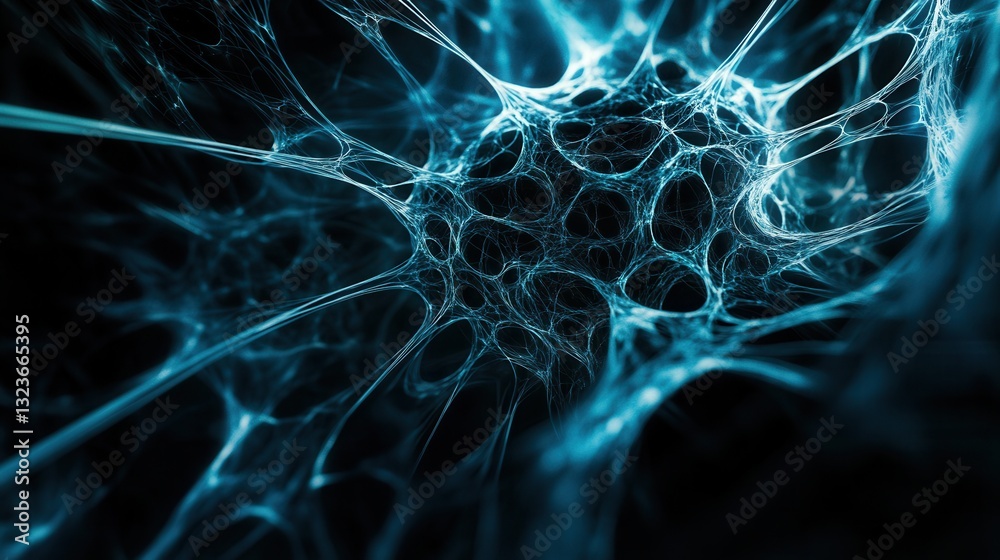 Poster futuristic neural network design in deep blue and cyan with central node cluster fading to black for