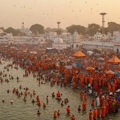 Obraz premium Mahakumbh 2025, the world’s largest spiritual gathering, unites millions at the sacred Triveni Sangam for a divine dip that cleanses the soul. The event draws sages, monks, and Aghoris.