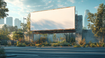 Obraz premium A blank billboard stands against a city skyline at sunset.