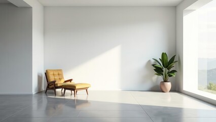 Serene Minimalist Interior Design Featuring a Mustard Yellow Lounge Chair and Ottoman, Accented by a Lush Potted Plant, Basking in Natural Sunlight Streaming Through a Large Window
