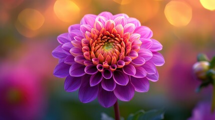 A vibrant purple dahlia unfurled its petals like a watercolor painting, revealing an intricate tapestry of intricate patterns in the warm glow of the sun.