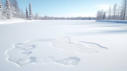 Pristine snowy landscape with clear blue sky, featuring untouched snowfields and sparse winter trees.
