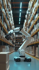 A warehouse is mechanized, with a robotic arm holding a cardboard box.	