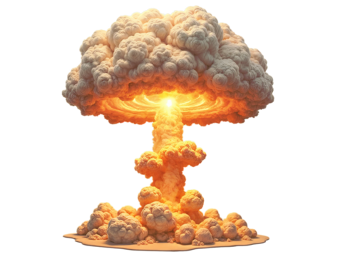 Nuclear explosion, powerful with a mushroom cloud rising up isolated on the transparent background