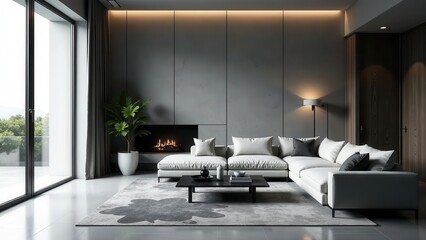 Modern minimalist living room interior design featuring a sectional sofa, fireplace, and large window showcasing a tranquil outdoor view