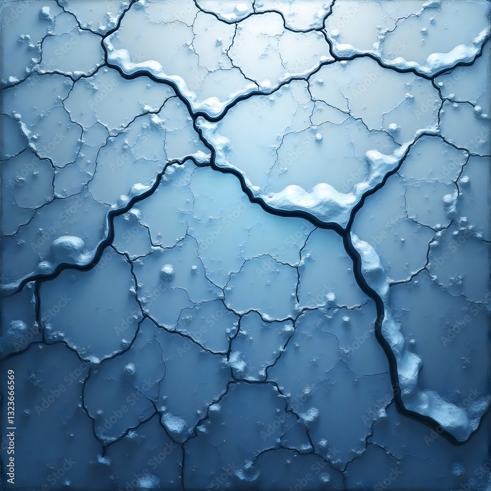 Wall mural a macro view of a frozen blue surface showing an intricate network of dark cracks and icy texture.