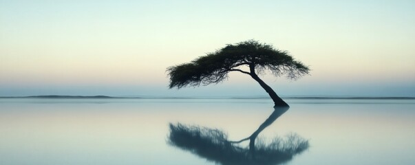 A lone tree standing tall in a still and calm body of water