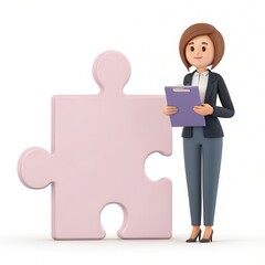 Obraz premium 3D Rendered Cartoon Businesswoman Standing Next to a Puzzle Piece in Upscale Professional Setting