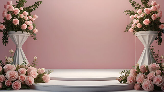 Podium background flower rose product pink 3d spring table beauty stand display nature white. Garden rose floral summer background podium cosmetic valentine easter field scene gif purple dayang